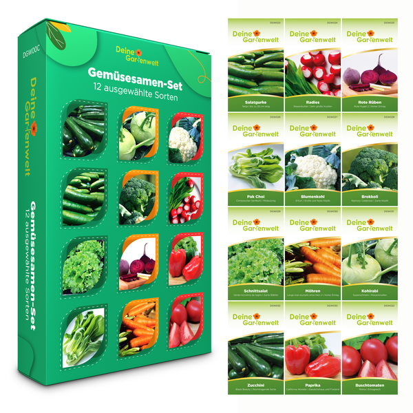 Gemüsesamen-Set von Deine Gartenwelt mit 12 ausgewählten Sorten wie Gurke, Tomate, Radieschen und Salat.