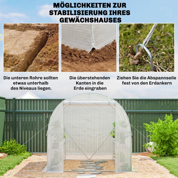 Anleitung zur Stabilisierung eines Gewächshauses: Unterrohre und Folienränder eingraben sowie Abspannseile mit Erdhaken im Boden verankern.