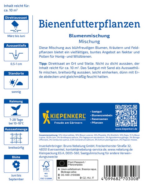 Kiepenkerl Bienenfutterpflanzen Blumenmischung als Saatgut mit Aussaat Anleitung fuer zehn Quadratmeter Flaeche