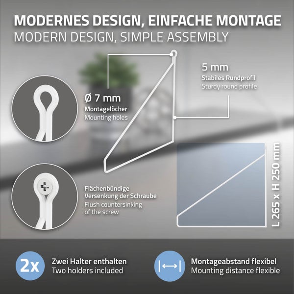 ML-Design 2 Stück Regalhalterung 250mm, Weiß, Metall, Dreieckige Regalhalterungen, Schwebe Regalwinkel, Draht Wandhalterung, Regalträger für Wandmontage, Wandregal Wandkonsole Hängeregal Regalstütze