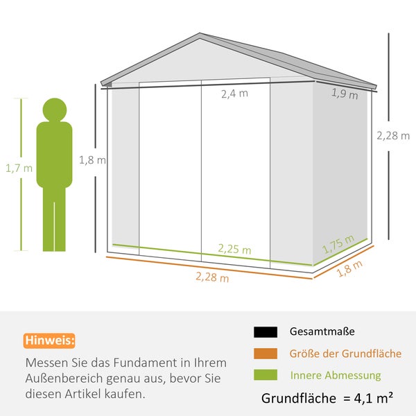 Outsunny Gerätehaus 4,1m³, Gartenhaus mit Pultdach, 240 x 190 x 180/228 cm, Geräteschuppen mit Abschließbar Tür, Fenster, Fahrradgarage, Gartenschrank aus Aluminium, für Hinterhof, Garten, Grau