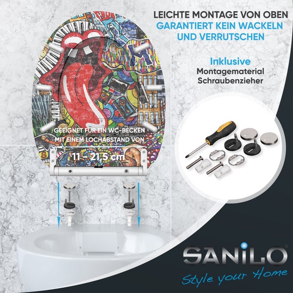 Sanilo WC-Sitz mit Graffiti-Muster, Montageset und Schraubendreher. Top-Montage für Lochabstand 11 bis 21,5 Zentimeter. Sanilo Logo.