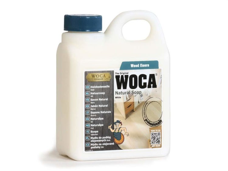 WOCA Holzbodenseife Weiß im Kunststoffkanister für die Reinigung von Holzböden.