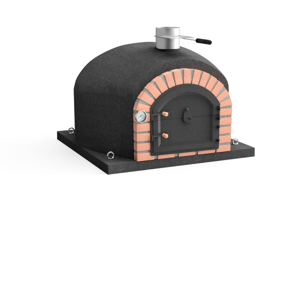 Holzbackofen mit Steinoptik und Ziegelsteinbogen inklusive Thermometer und Edelstahlschornstein für den Außenbereich