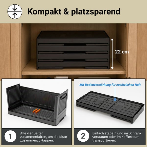 Faltbare Transportbox, vier Stück im Schrank gestapelt mit 22 Zentimeter Gesamthöhe, Anleitung zum Zusammenfalten und verstärkter Boden.