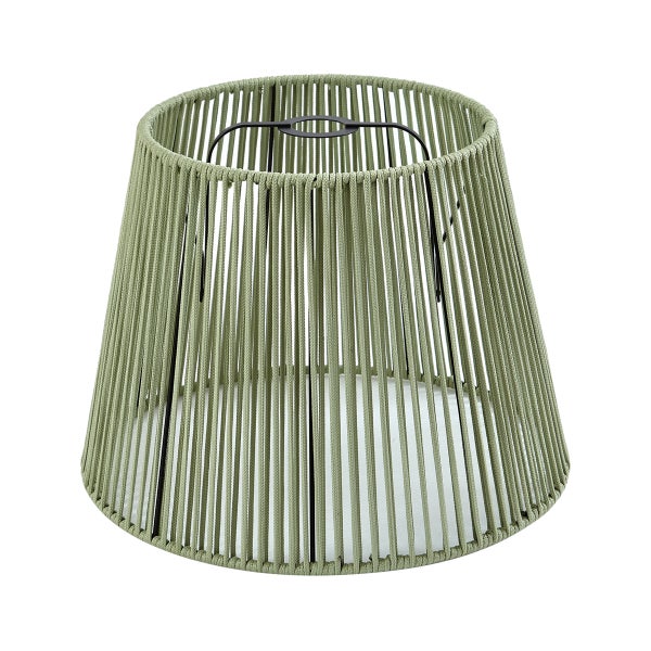 Konischer Lampenschirm aus grünen Textilkordeln mit innenliegendem schwarzem Metallgestell.
