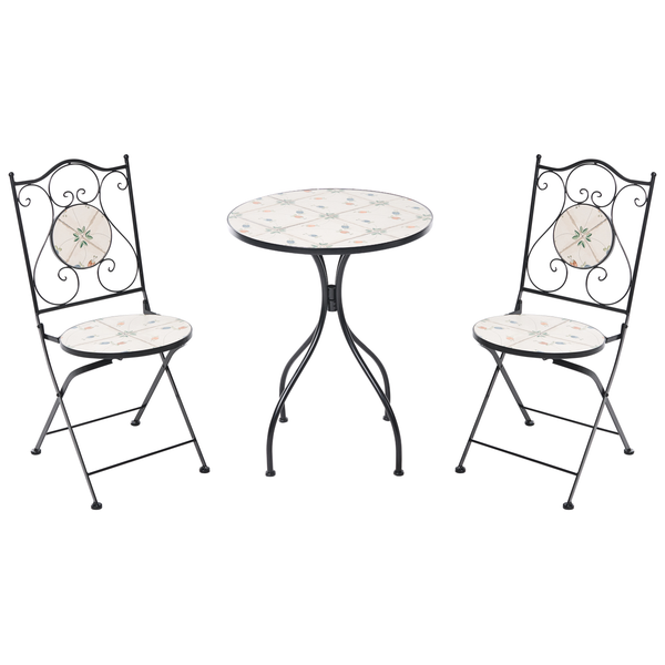 Dreiteilige Balkonsitzgruppe aus Metall mit Mosaik-Verzierung, bestehend aus einem runden Tisch und zwei klappbaren Stühlen.