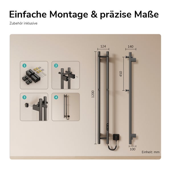 Elektrischer Handtuchheizkörper mit Maßen 1200 mal 124 mal 140 Millimeter sowie Montageanleitung und Zubehör.
