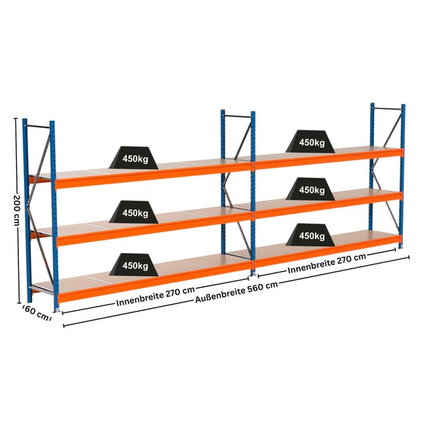 Belastbares Lagerregal mit drei Ebenen und den Maßen 200 cm Höhe, 160 cm Tiefe und 560 cm Aussenbreite.