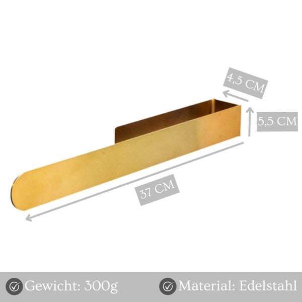 Handtuchhalter aus Edelstahl mit Maßen 37 mal 4,5 mal 5,5 Zentimeter und einem Gewicht von 300 Gramm.