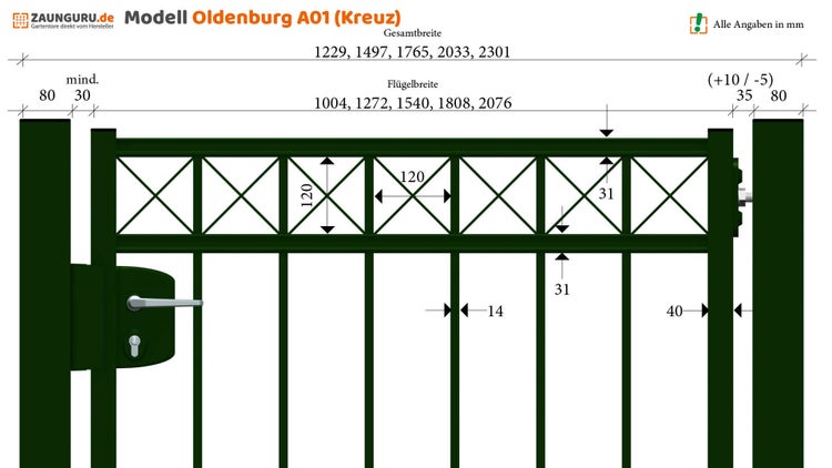 Technische Zeichnung Gartentor Modell Oldenburg A01 mit Maßangaben