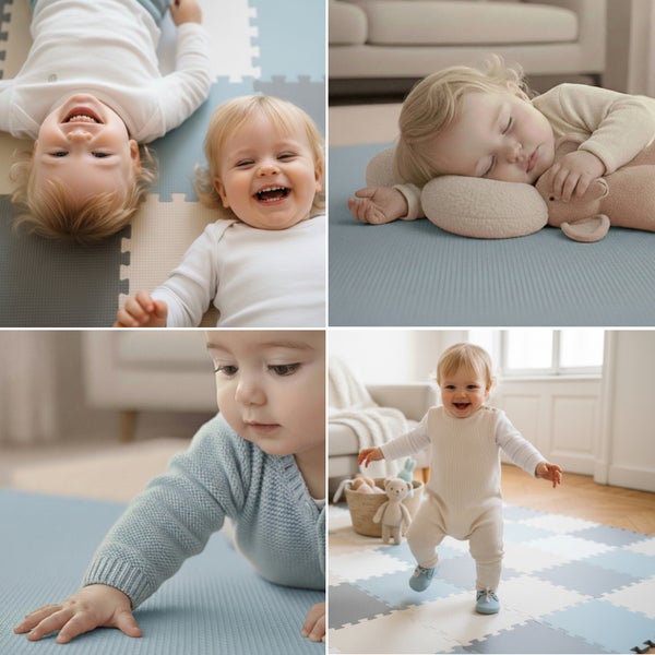 Vierteilige Collage zeigt ein Kleinkind auf einer weichen Spielmatte beim Spielen, Schlafen, Krabbeln und Laufen im Wohnzimmer.
