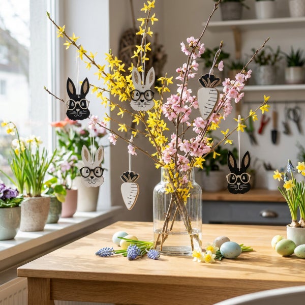 Osterdekoration mit hängenden Holzfiguren an Forsythien- und Kirschblütenzweigen in einer Glasvase auf einem Holztisch mit Ostereiern und Blumen.