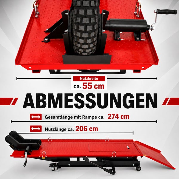 Rote Motorrad-Hebebühne aus Metall mit Maßen: Nutzbreite circa 55 Zentimeter, Gesamtlänge circa 274 Zentimeter, Nutzlänge circa 206 Zentimeter.
