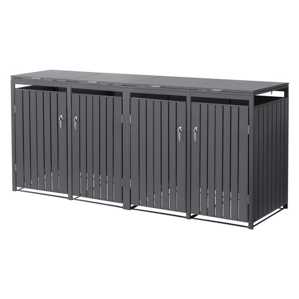 Mülltonnenbox für 4 Mülltonnen aus Metall in Anthrazit mit Klappdeckeln und abschließbaren Türen.