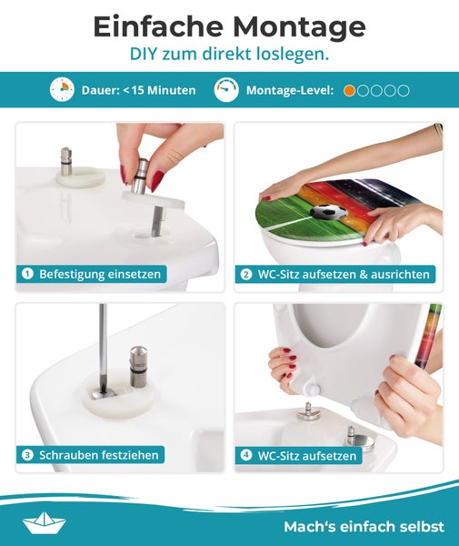 Montageanleitung für einen WC Sitz mit vier Schritten zur einfachen Installation in unter 15 Minuten