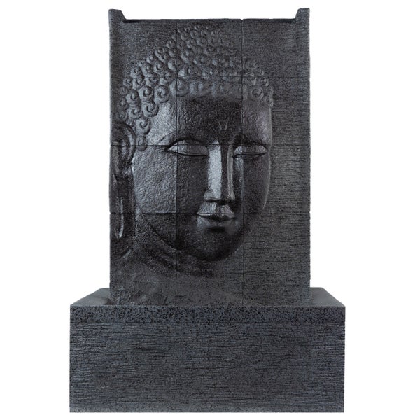 Gartenbrunnen Buddha-Kopf aus Polyresin mit strukturierter Oberfläche und rechteckigem Sockel.