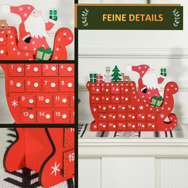 HOMCOM Adventskalender zum Befüllen 24 Schubladen Fächer Weihnachtskalender Adventskalenderbox Weihnachtsdekoration DIY MDF-Platte Rot 22,5 x 8 x 36 cm