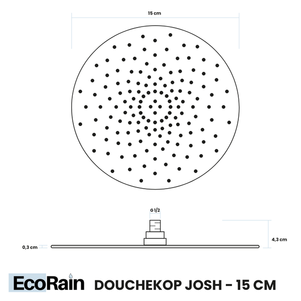 EcoRain 30% Wassersparender Regenduschkopf Josh 15 CM Rund - Hoher Wasserdruck - Universeller Anschluss - Anti-Kalk Duschkopf - Schwarz