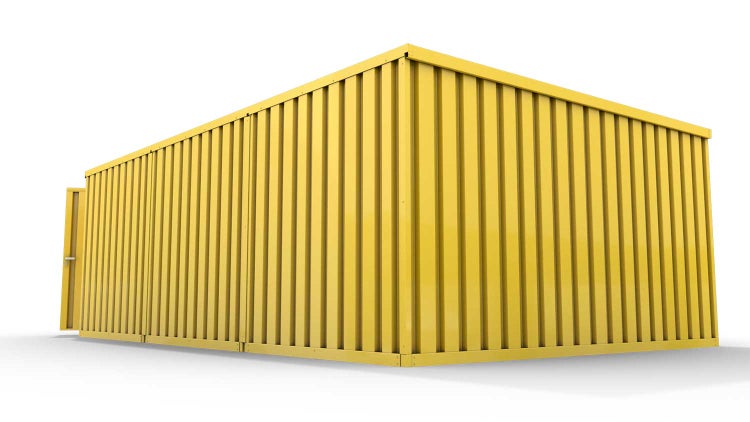 Lagercontainer Gerätehaus L3  – 25 qm, H2150 x B4050 x T6520 mm, Außenwandlackierung RAL 1003 signalgelb, Dach außen verzinkt, mit Holzfußboden, 1830 mm Doppelflügeltür mittig in Stirnseite, montiert