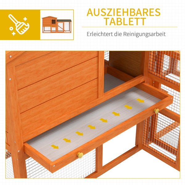 PawHut Hasenstall 2 Ebenen Kaninchenstall aus Tannenholz Winterfest Doppelstockhaus mit Freilaufgehege Wanne Rampe 150x45x85 cm Kaninchenkäfig Outdoor Kleintierstall für Hasen Meerschweinchen Orange