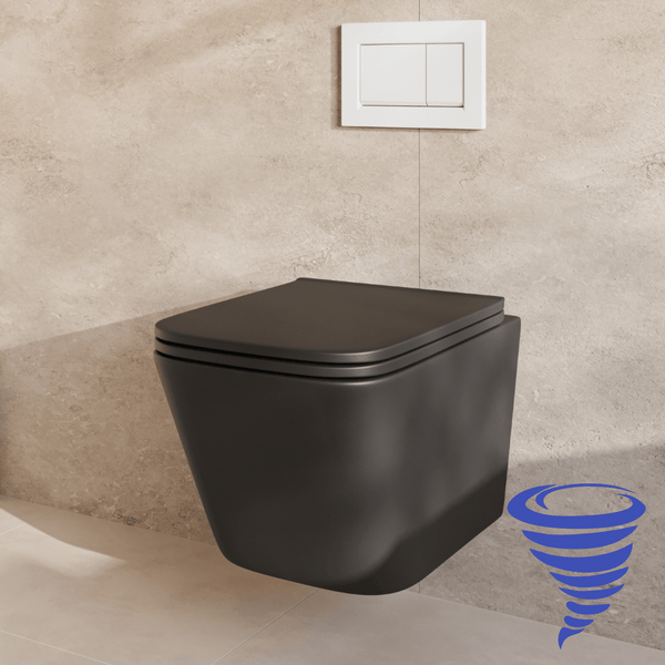 Hängewand-WC mit Spülrandlos-Technologie und WC-Sitz montiert vor einer Fliesenwand mit Betätigungsplatte.