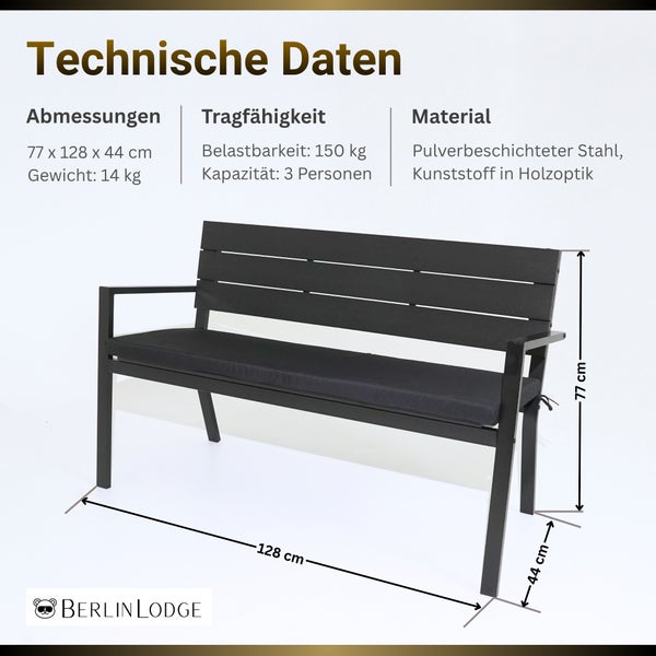 Technische Daten der Berlin Lodge Gartenbank: 77 mal 128 mal 44 Zentimeter, Gewicht 14 Kilogramm, Belastbarkeit 150 Kilogramm für 3 Personen.