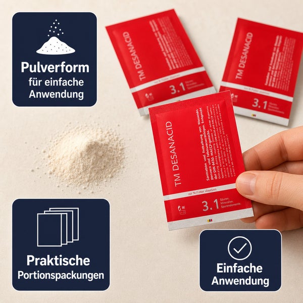 TM Desanacid Saeuregemisch in Portionsbeuteln als Pulver fuer die einfache Anwendung zur Sanierung und Entkeimung von Wartungsprodukten.