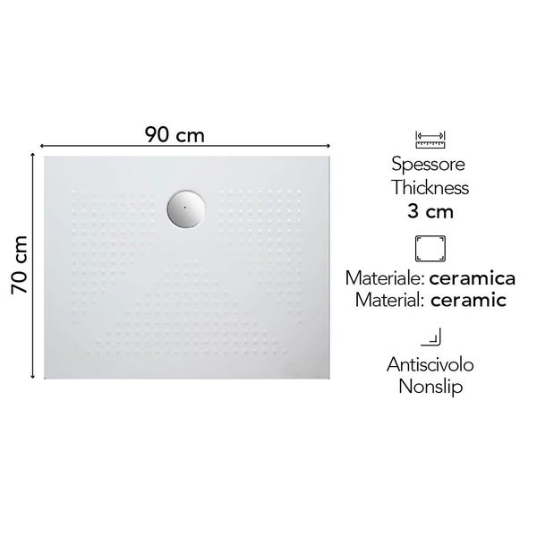 Keramik-Duschwanne, Maße 90 mal 70 Zentimeter, Dicke 3 Zentimeter, rutschhemmende strukturierte Oberfläche.