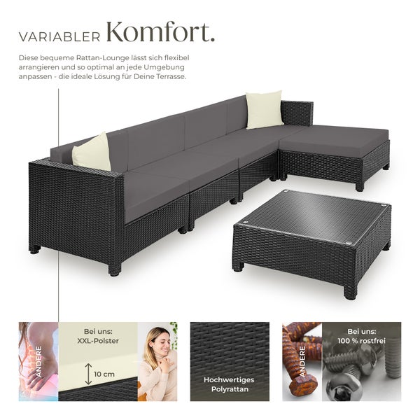 Rattan Lounge Set mit Tisch und grauen Auflagen für die Terrasse