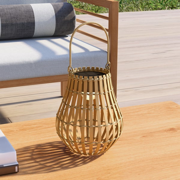 Outsunny Solar-Gartenlampe, USB-aufladbar Wegleuchte, Gartenleuchte mit 3 Lichtfarben, Griff, Solarleuchte mit Bambusschirm, für Garten, Balkon, Natur, IP44
