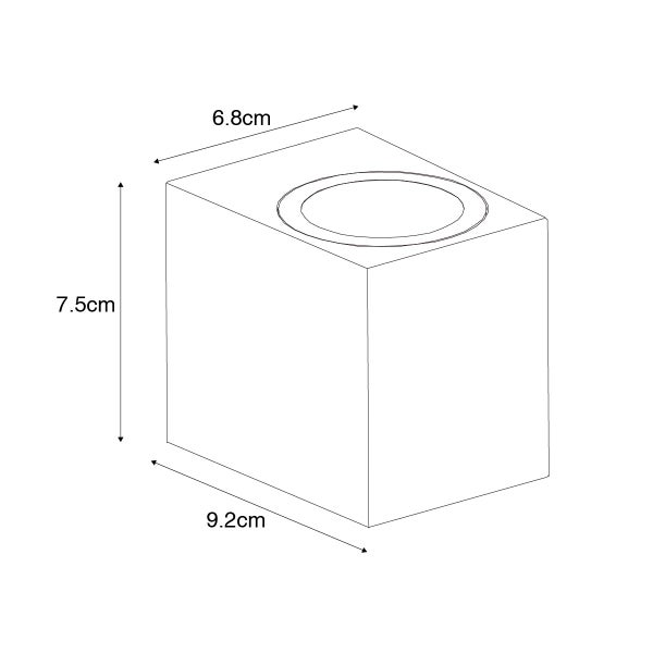 Technische Zeichnung eines würfelförmigen Strahlers mit Maßen: Höhe 7,5 Zentimeter, Breite 9,2 Zentimeter, Tiefe 6,8 Zentimeter.
