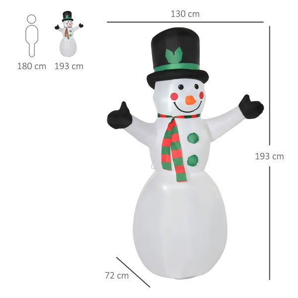 HOMCOM 1,93 m aufblasbarer Schneemann mit 2 Modulleuchten, Garten, Rasendekoration, Party, 130 x 72 x 193 cm, Polyester, Weiß