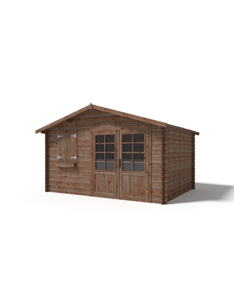 Gartenhaus aus Holz mit Satteldach, Doppeltür mit Glaseinsätzen und Fenster mit Fensterläden.