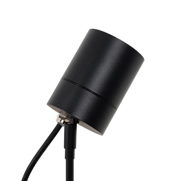 Zylindrischer Lampenkopf für Außenstrahler aus schwarzem Metall mit Kabelanschluss.