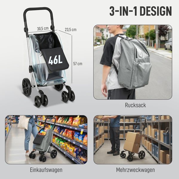 3-in-1 Design Einkaufswagen, Rucksack und Mehrzweckwagen mit den Maßen 30,5 cm x 23,5 cm x 57 cm und einem Fassungsvermögen von 46 Liter