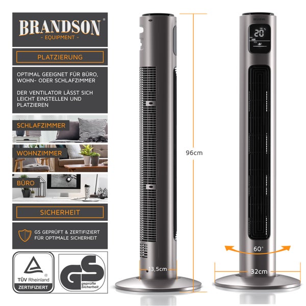 Brandson Turmventilator, Oszilation 60 Grad, Ventilator, mobiler Lüfter, 96 cm Säulenventilator, Standventilator mit 3 Leistungsstufen, GS, Rauchgrau