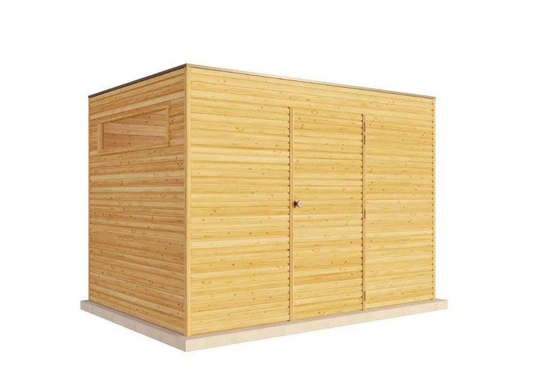 Gartenhaus aus Holz mit Pultdach, Doppeltür und einem Fenster an der Seite.