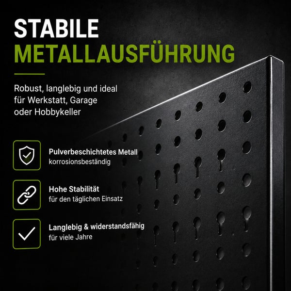 Stabile Werkzeugwand aus pulverbeschichtetem Metall für Werkstatt und Garage. Langlebig und korrosionsbeständig mit Lochraster zur Organisation.