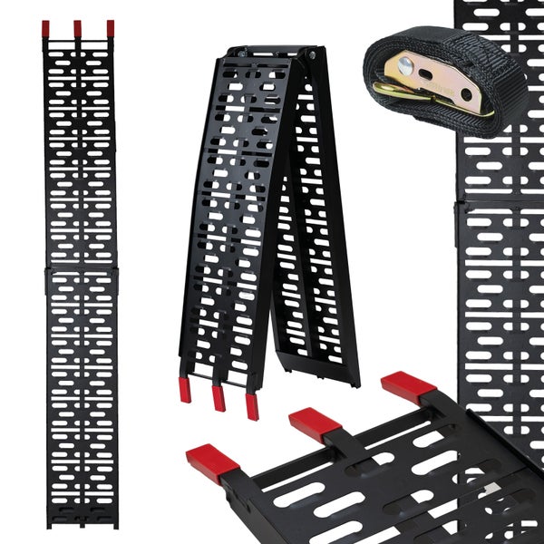 Schwarze Auffahrschiene klappbar aus Metall mit gelochter Oberfläche, roten Auflageenden und einem schwarzen Spanngurt.