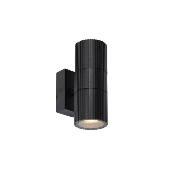Moderne Außenwandleuchte in Schwarz, zylindrische Form mit geriffelter Oberfläche für den Außenbereich.