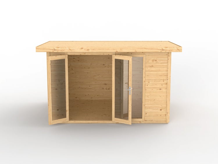 Gartenhaus aus Holz mit Flachdach und geöffneter Doppelflügeltür mit Glaseinsätzen.