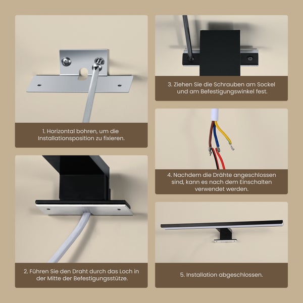 Installationsanleitung für eine Leuchte mit Bohren, Kabelverlegen und Schrauben