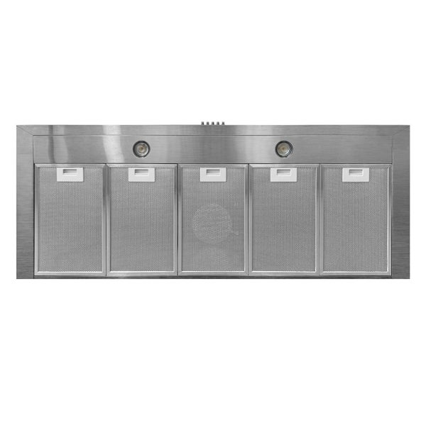 Unteransicht einer Dunstabzugshaube aus Edelstahl mit fünf Metallfettfiltern und zwei integrierten Leuchten.