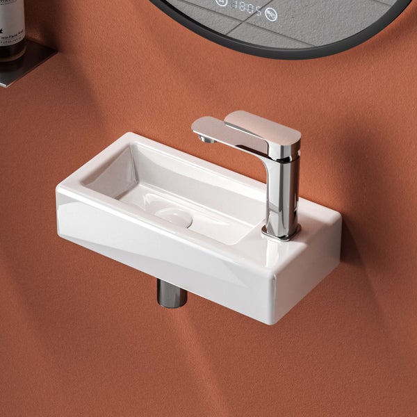 EMKE Waschbecken Keramik 370 × 178 mm, Rechteck, glänzend Weiß, Höhe 95 mm, mit Bohrung rechts für Wasserhahn, Wandmontage, Handwaschbecken, Wandwaschbecken für Badezimmer und Gäste-WC