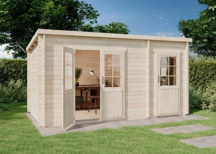 Alpholz Pultdach Gartenhaus Maria mit Anbau Gartenhaus aus Holz, Holzhaus mit 28 mm Wandstärke FSC zertifiziert, Blockbohlenhaus mit Montagematerial, Naturbelassen 4,5x2,5m