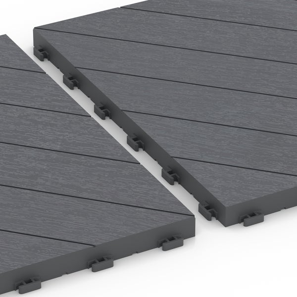 Dunkelgraue WPC-Klickfliese mit Holzstruktur und Stecksystem für Terrasse und Balkon.