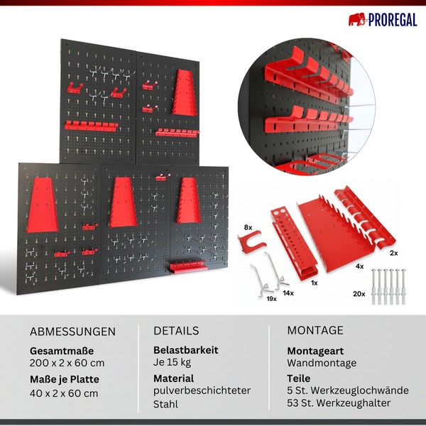 ProRegal Logo. Werkzeugwand-Set aus pulverbeschichtetem Stahl, schwarz und rot, 5 Platten, 53 Halter, 200 mal 2 mal 60 Zentimeter.