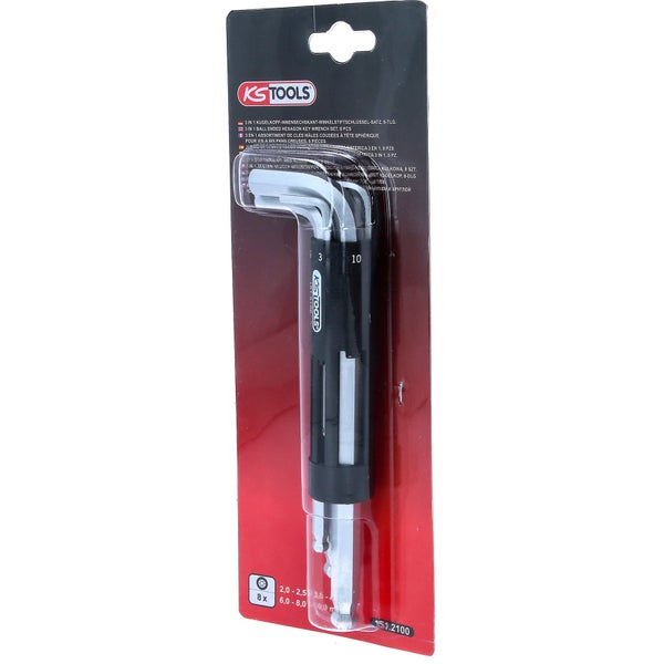KS Tools 8-teiliger Kugelkopf-Innensechskant-Winkelstiftschlüssel-Satz in einem Halter.