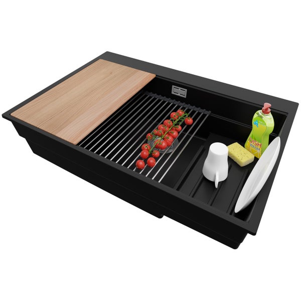 PRIMAGRAN Spülbecken Schwarz 78x53cm, Granitspüle 1 Becken + Ablauf-Set + Küchenzubehörset, Küchenspüle ab 80er Unterschrank - Oslo Max